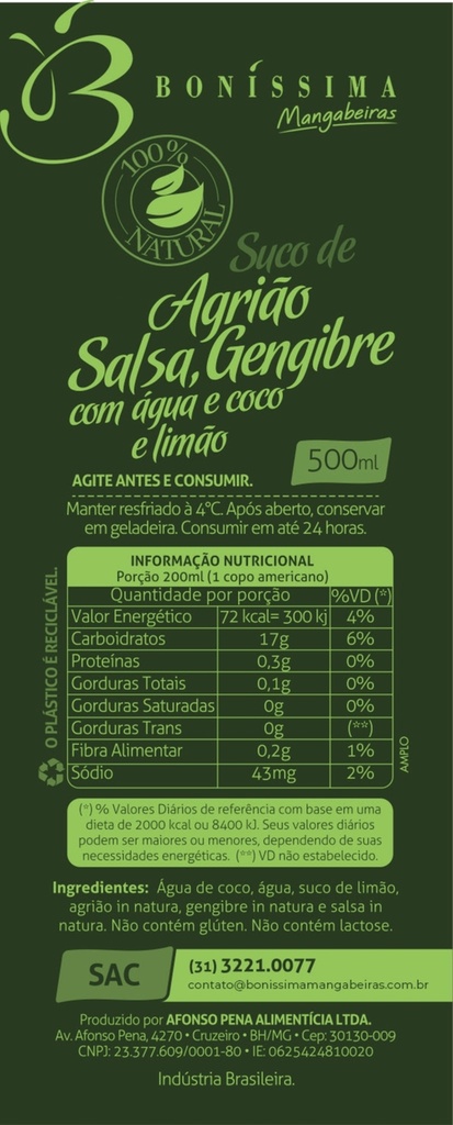 SUCO NATURAL DE AGRIÃO, SALSA, ÁGUA DE COCO, GENGIBRE E LIMÃO